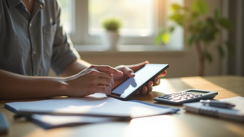 Person reviewing monthly expenses on tablet at kitchen table with calculator nearby